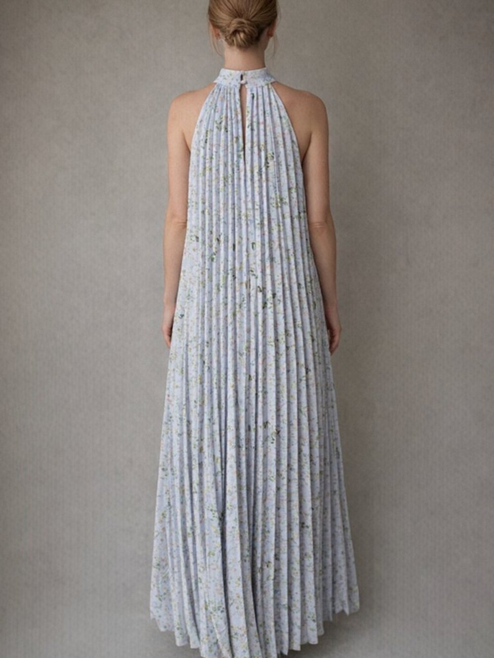 CeCe Light Blue Floral Pleated Halter Maxi Dress - Picture 2 of 7